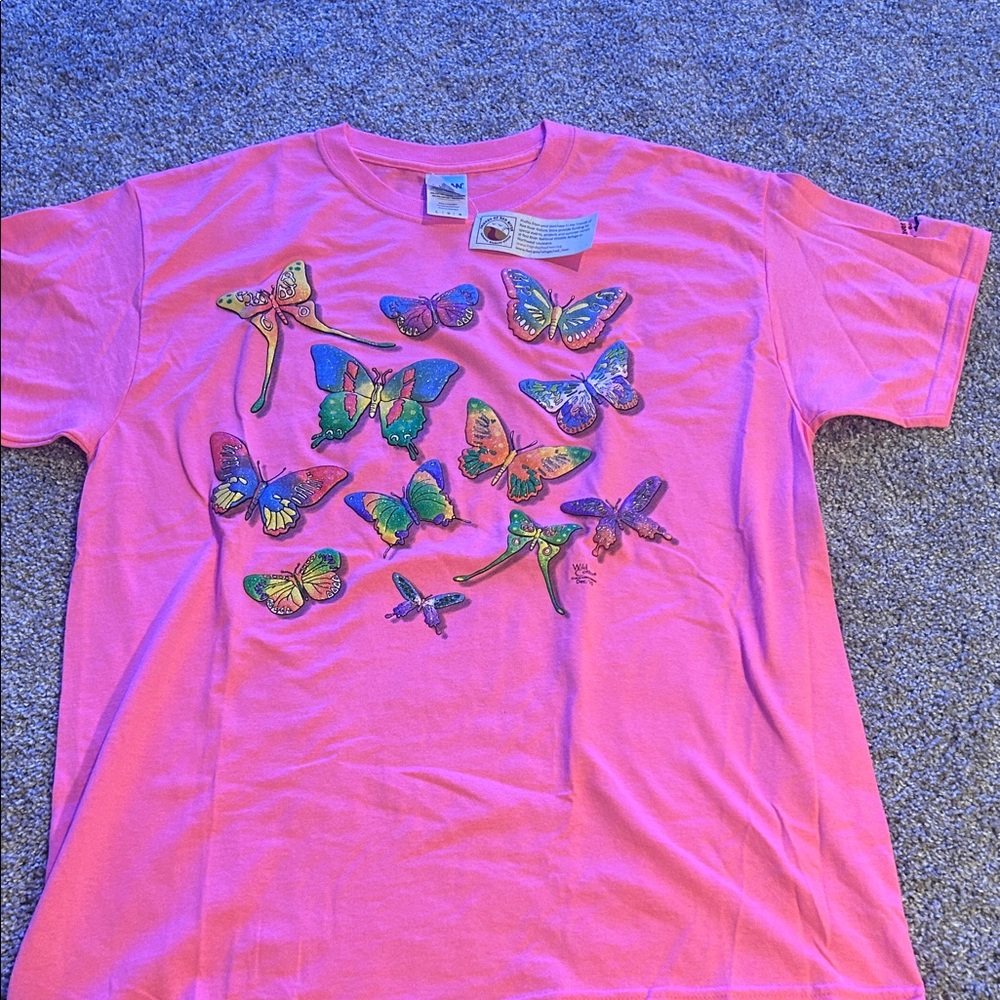 Gildan Pink large T-Shirt with Colorful Butterflies